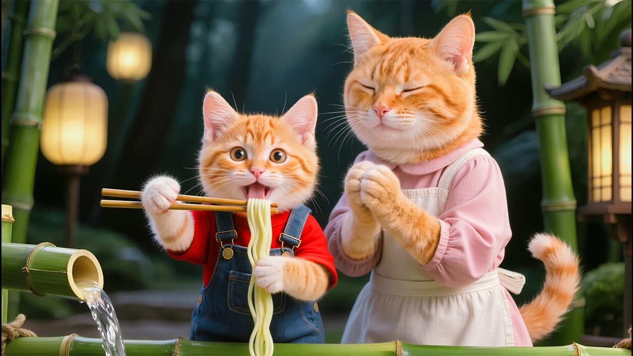 🐱🎋 A Little Kitten Dreams of Bamboo Tube Noodles&mdash;Mama Cat Shops & Cooks with Love 💖🍜