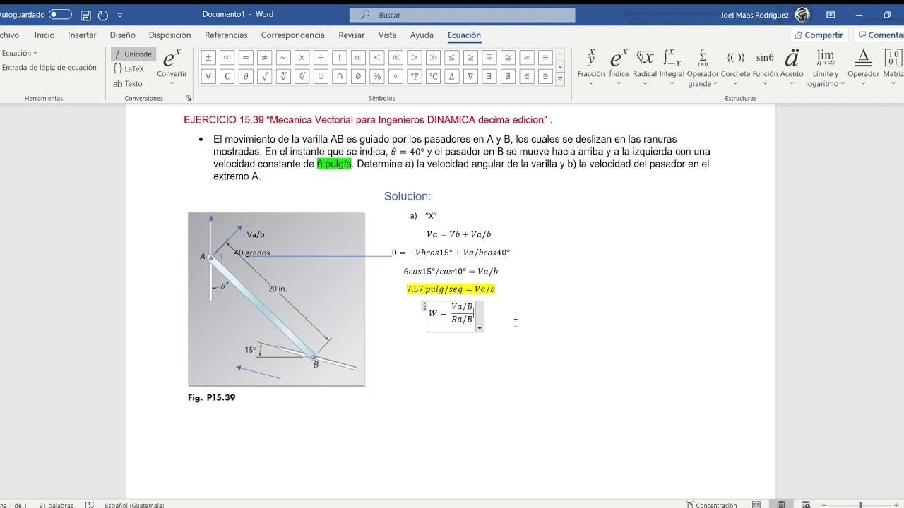Ejercicio 15.39 Mecanica vectorial para ingenieros decima edicion Dinamica