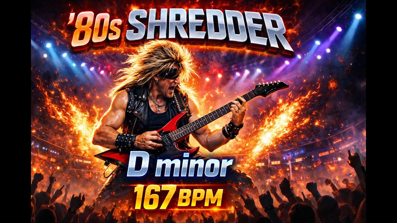 80s Arena Shred Guitar Backing Track in D Minor – 167 BPM