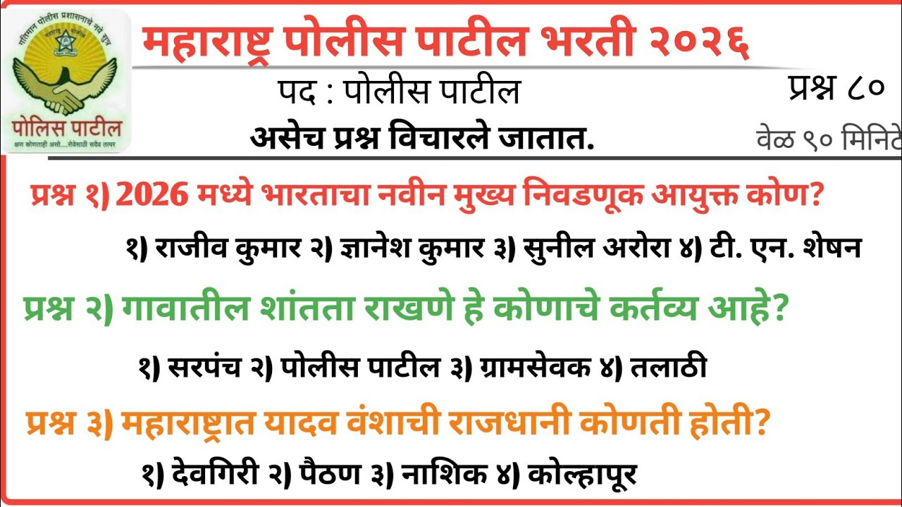 पोलीस पाटील संभाव्य प्रश्न संच  | police patil exam papers 2026 | पोलीस पाटील प्रश्नपत्रिका