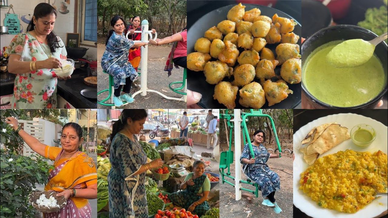 morning walk Sabji market +Breakfast & Lunch🍱 badam shake🌺 rice pakoda🌺 hari chatni🌺 daliya khichdi