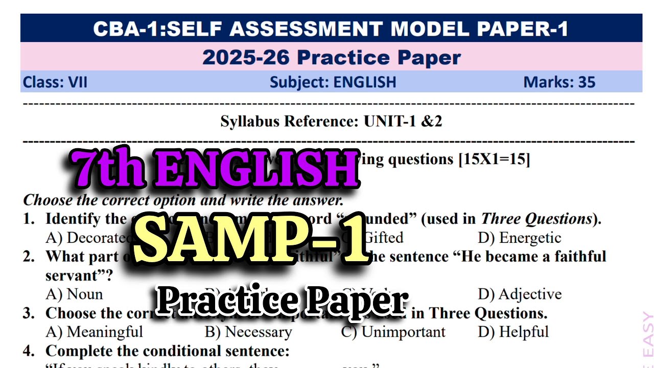 7th Class SAMP-1/FA-1 💯ENGLISH Full Question Paper (Practice Paper) | 7th Class 💯SAMP-1 Model Paper📜