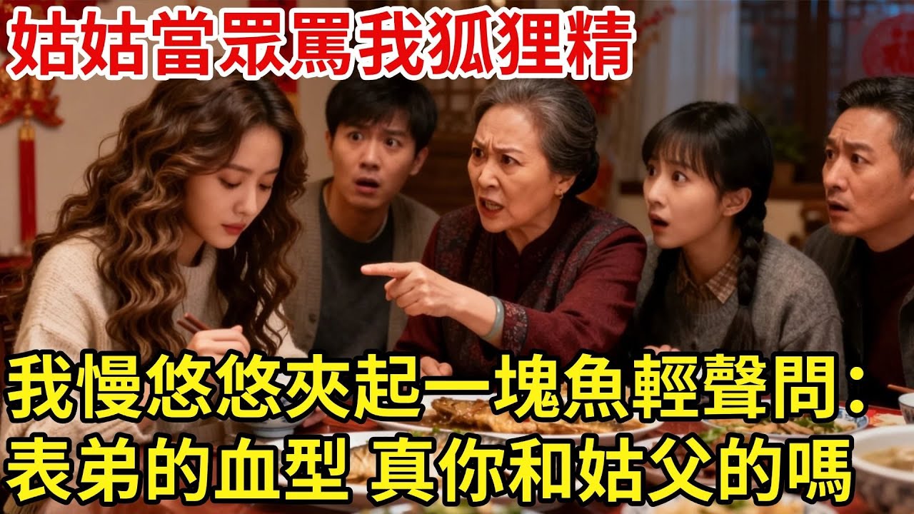 年夜飯桌上，姑姑當眾摔筷罵我：連你堂哥都勾引，真不用臉！ 滿堂親戚屏息，我爸媽臉色慘白，她以為我會崩潰哭鬧，讓全家蒙羞。 我慢悠悠夾起一塊魚，輕聲問：對了姑姑，表弟的血型……真是你和姑父的嗎？