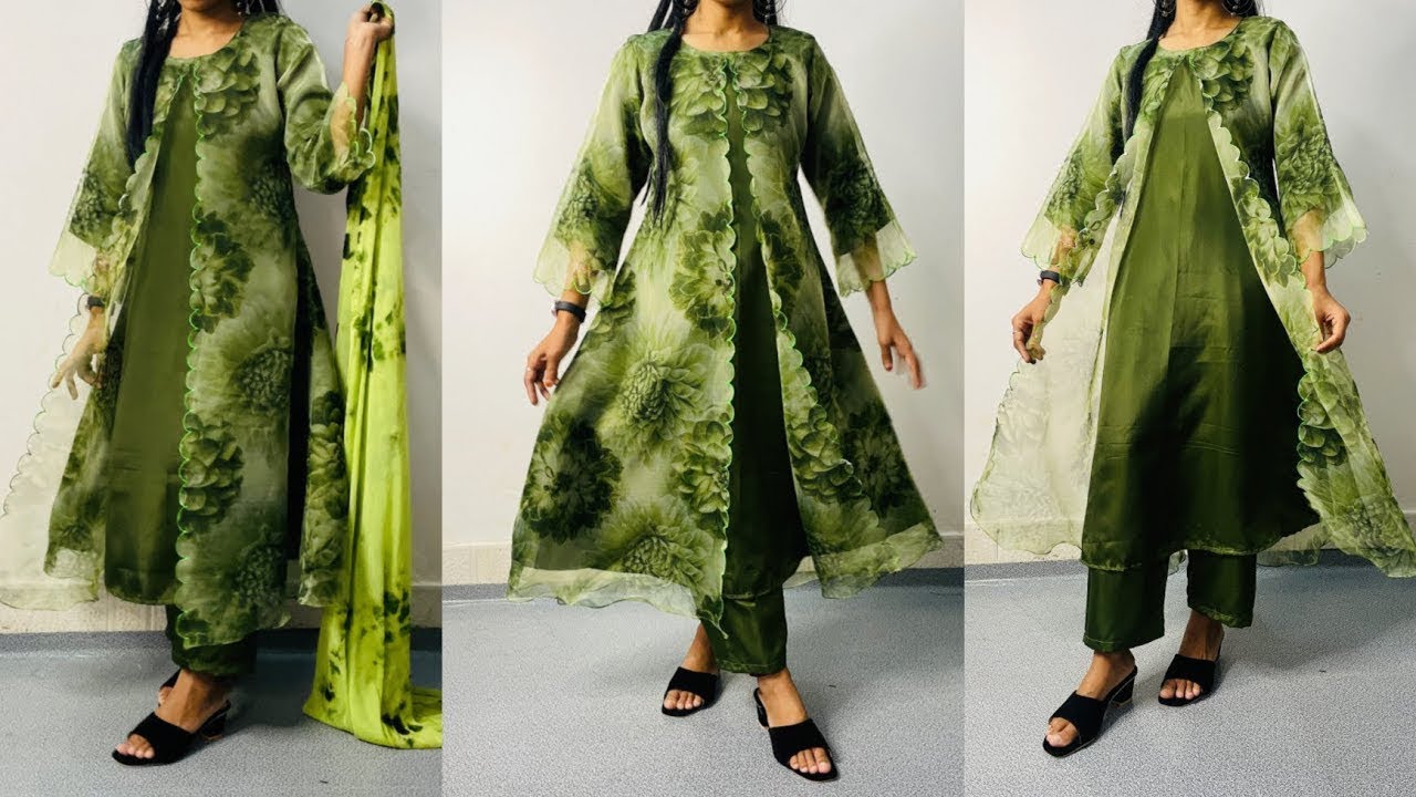 Shrug Style A line Dress Cutting And Stiching | Organza Dress Designing | Shrug Attach Kurti design