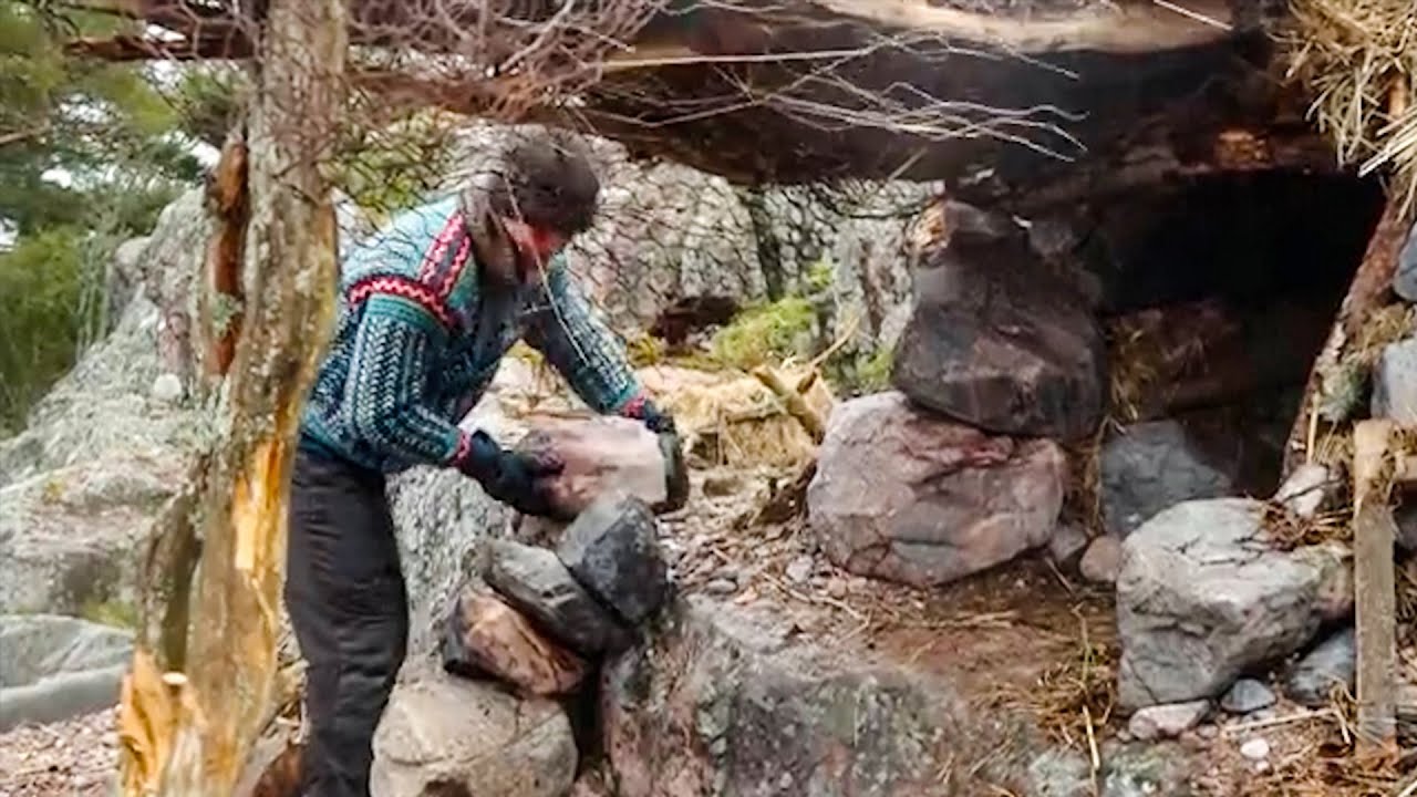 Building a Stone Survival Shelter by Hand  Primitive Bushcraft in Rocky Forest