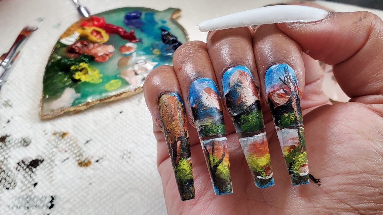 I tried doing a Bob Ross painting on my nails 🎨 #shorts