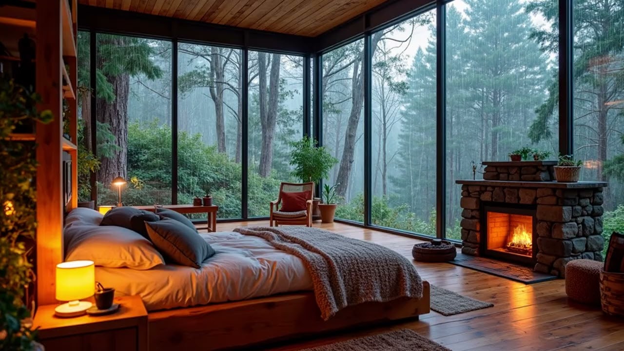 Forest Rain Sounds in Glass Cabin Bedroom with Stone Fireplace | Cozy Night Ambience for Sleep