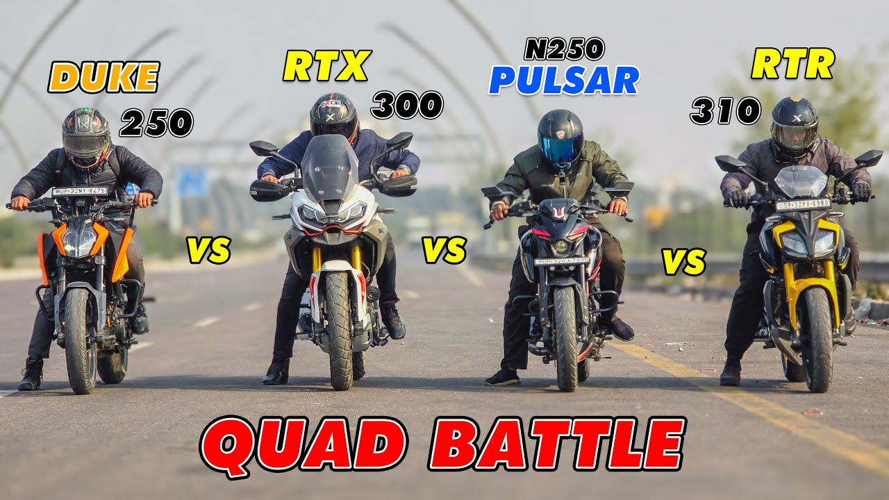 TVS RTX 300 vs Pulsar N250 vs Duke 250 vs RTR 300 ⚡ Quad Drag Race – Who’s the Fastest?