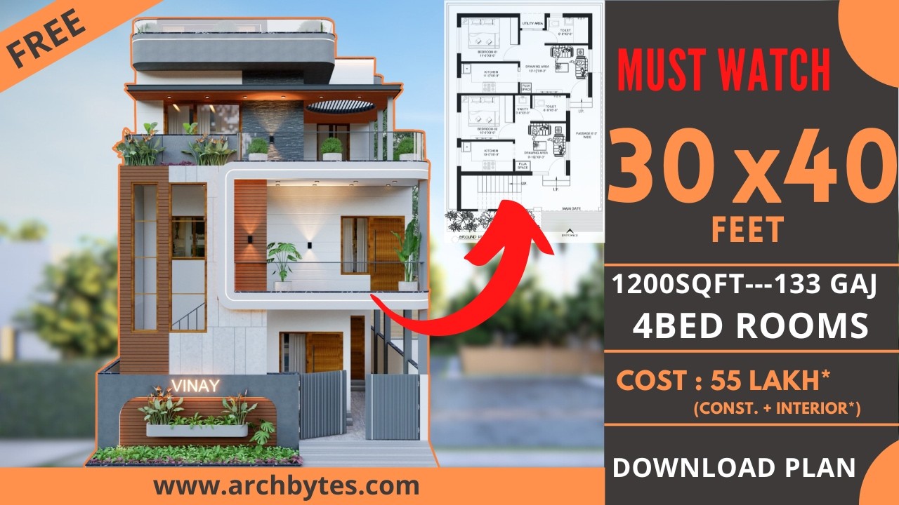 30x40 Feet Modern House Design 3D: 4 Bedrooms, Rental +Owner Design- 1200 Sqft | 133 gaj| Archbytes