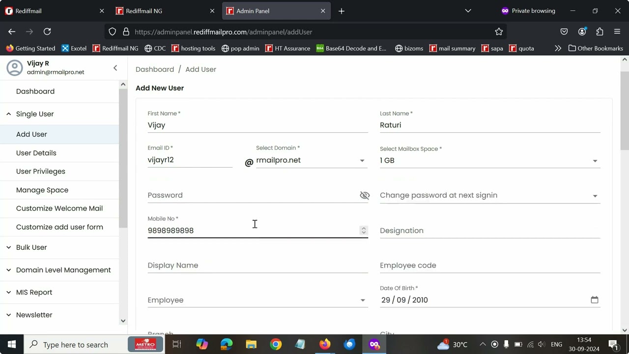 Rediffmail For Work How to add single user email address in new admin panel