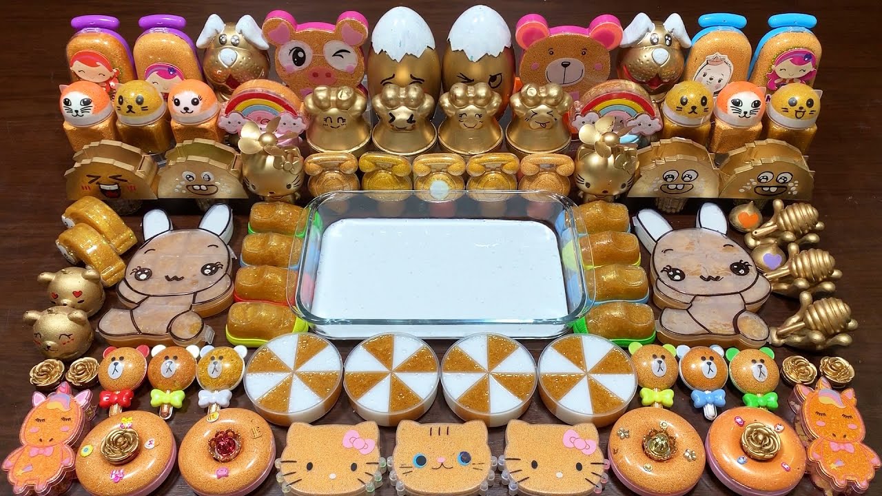 GOLD SLIME - Mixing Gold Makeup and Gold Glitter Into Glossy Slime !  Satisfying Slime Videos #1388