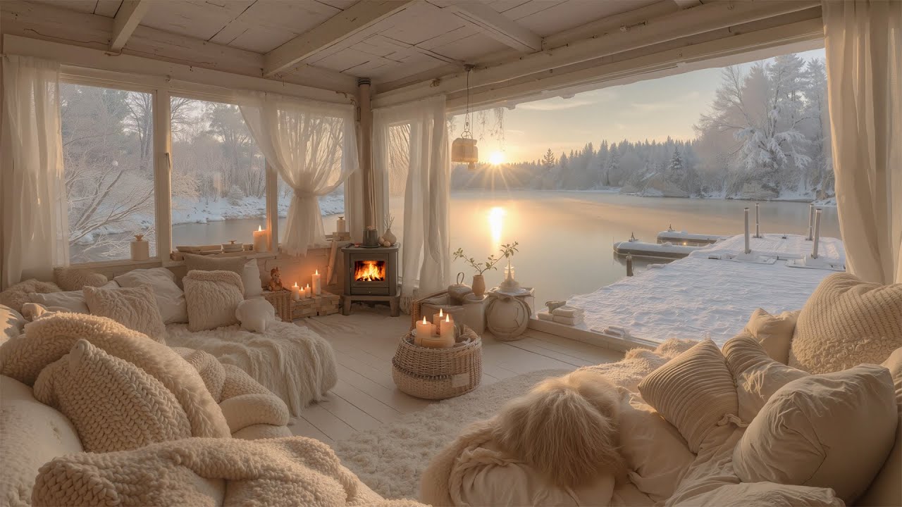Beautiful December Day By The Lake❄️| Soft Piano Melodies & Fire Crackles for Deep Relaxation
