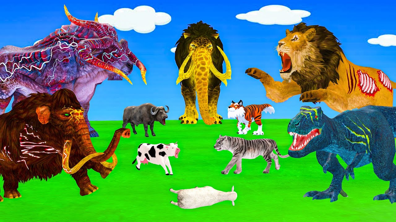 10 mammoths Zombie vs Zombie Lion vs dinosaur giant lion attack bull save mammoth