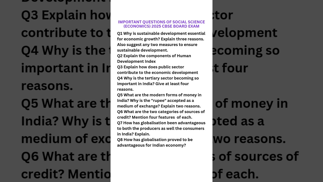Important questions of social science(economics) for cbse class 10 board exam 2025 #cbseclass10