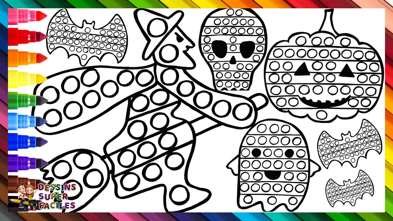 Dessiner et Colorier 5 POP ITS D'HALLOWEEN 🧙‍♀️🎃👻💀🦇🔴🟠🟡🟢🔵🟣🌈  Dessins pour Enfants