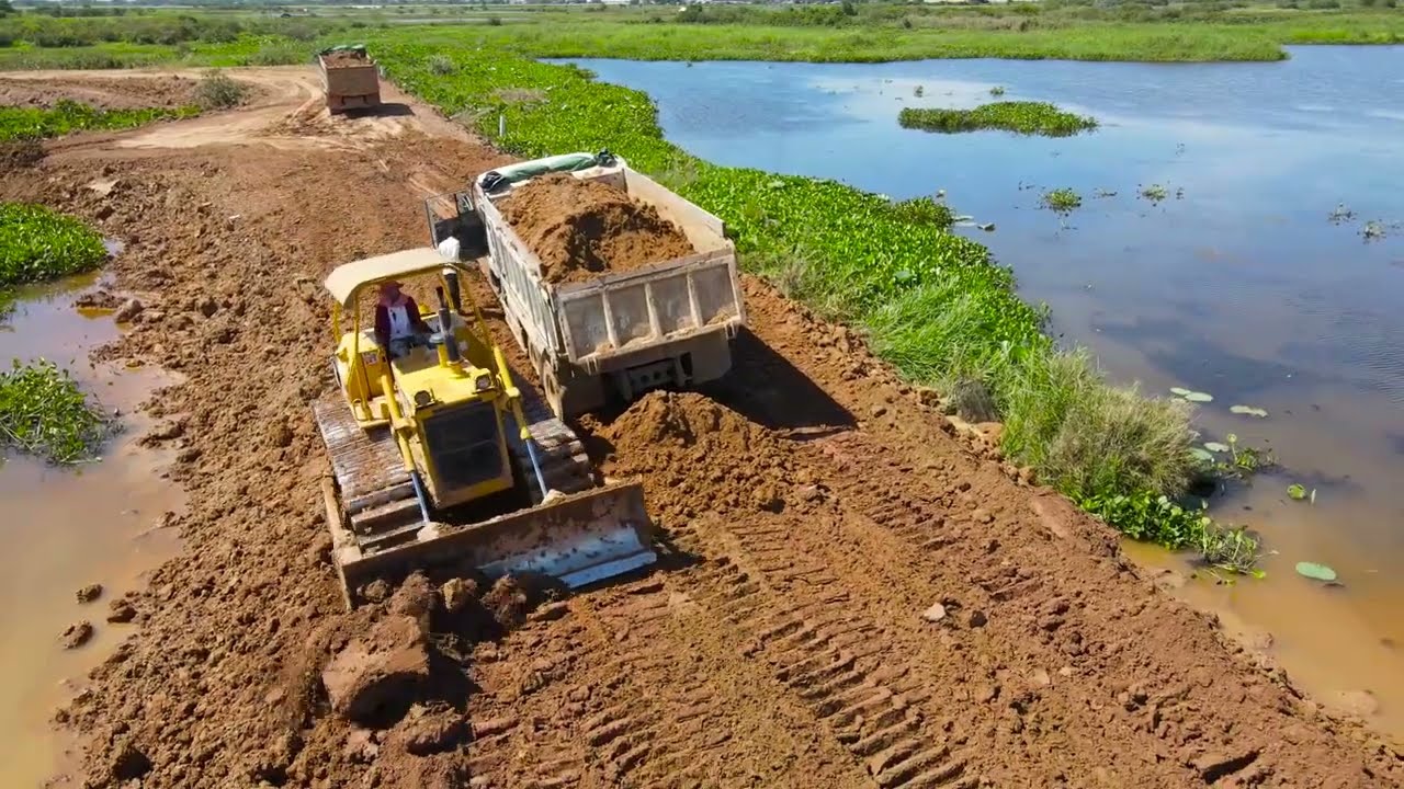 Great Techniques Build Road on Water with Skill Driver Bulldozer Pushing Soil, Truck Transport Soil