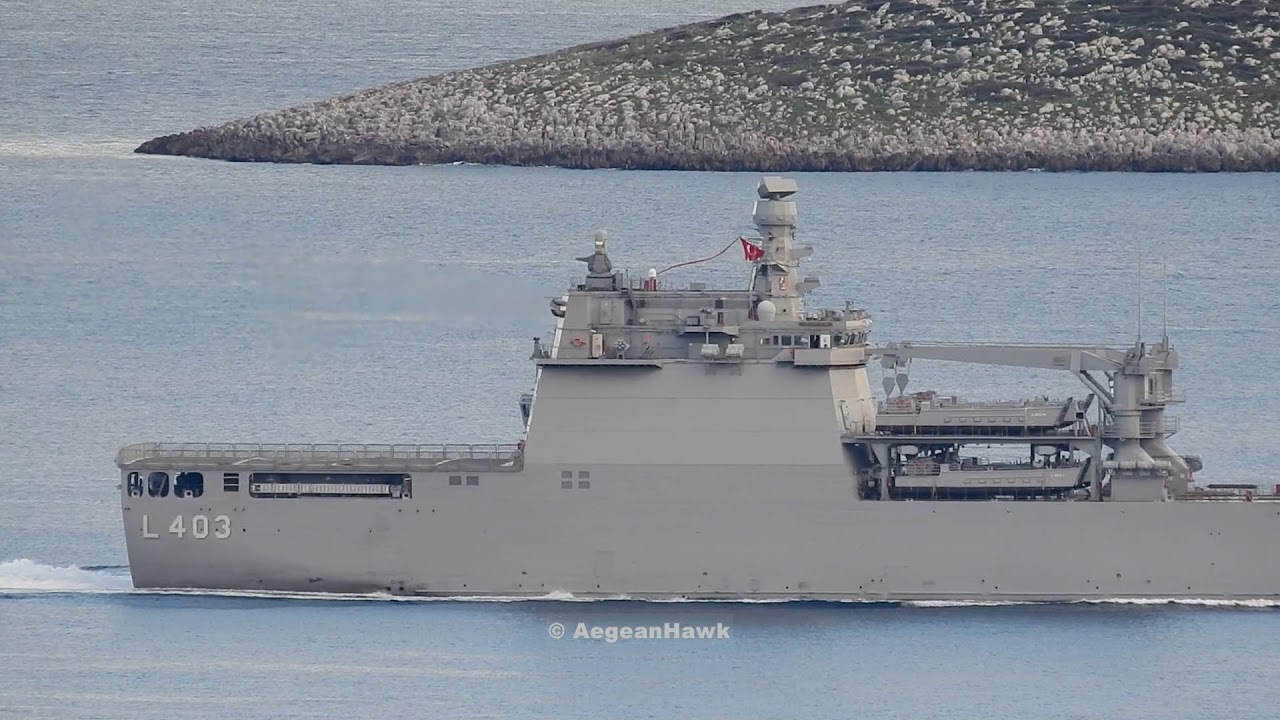 Turkish Navy LST TCG Sancaktar L 403 southbound Chios Strait in Aegean Sea.
