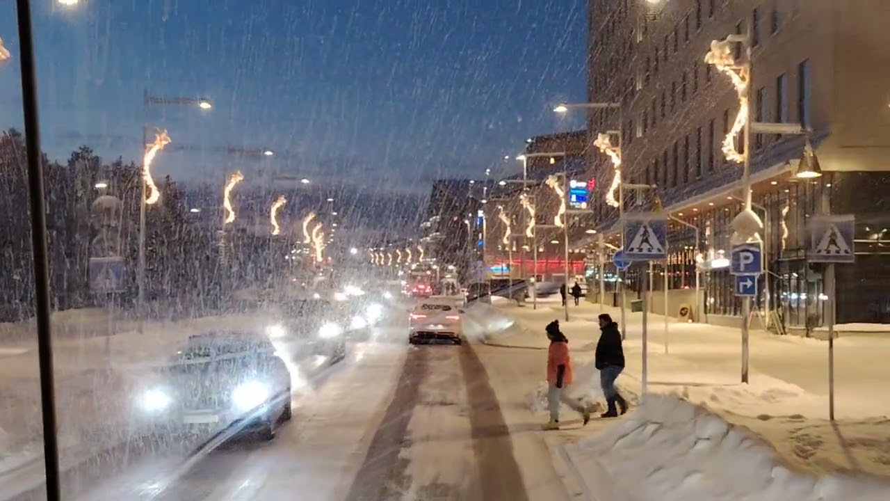 Kiruna City 2025 winter time. Night time driving in snow weather -30°C