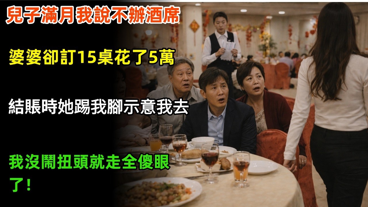 兒子滿月我說不辦酒席，婆婆卻訂15桌花了5萬，結賬時她踢我腳示意我去，我沒鬧扭頭就走全傻眼了！#家庭 #情感 #婆媳 #故事