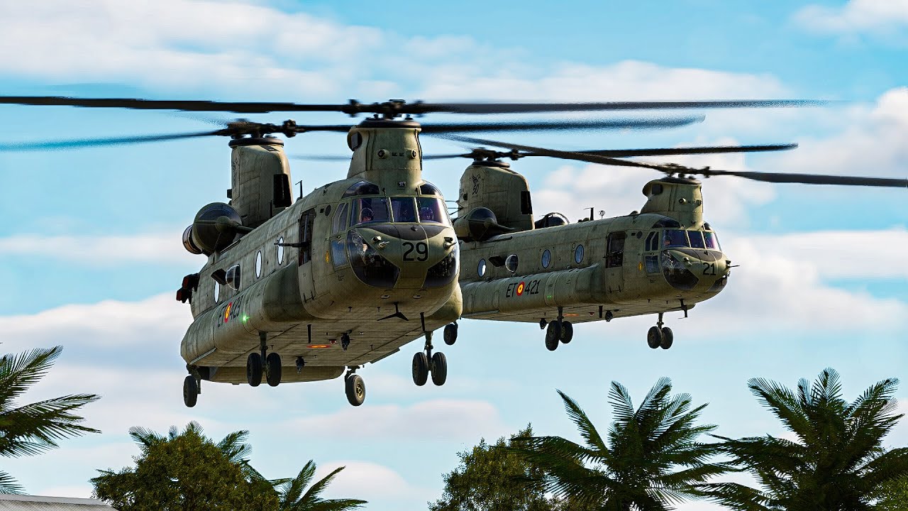 Chinook and Huey flying in formation over Marianas WWII map on DCS