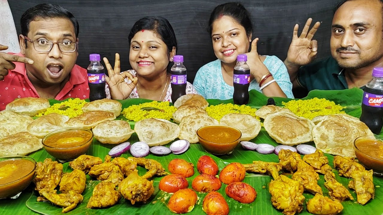 SPICY CHICKEN CURRY MASALA EGG FRY BASONTI PULAO PURI EATING CHALLENGE // food family & more 