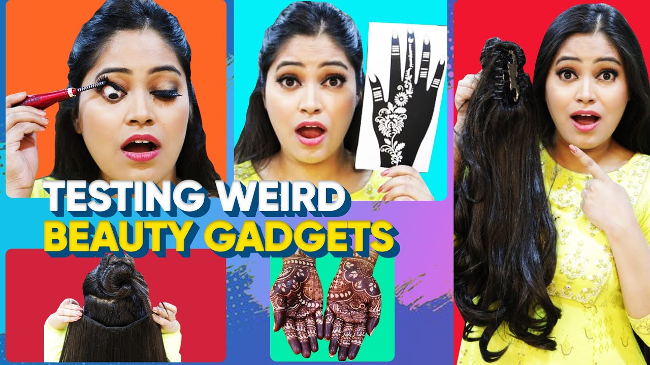 Testing Most Weird Beauty🤔Products Mehndi Sticker, Fake Ponytail, Hair Extension, Heated Lash Curler