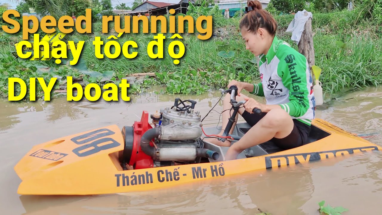 Thuyền chế siêu mini lắp động cơ cứu hỏa 550cc.Homemade small boat with 550cc fire engine