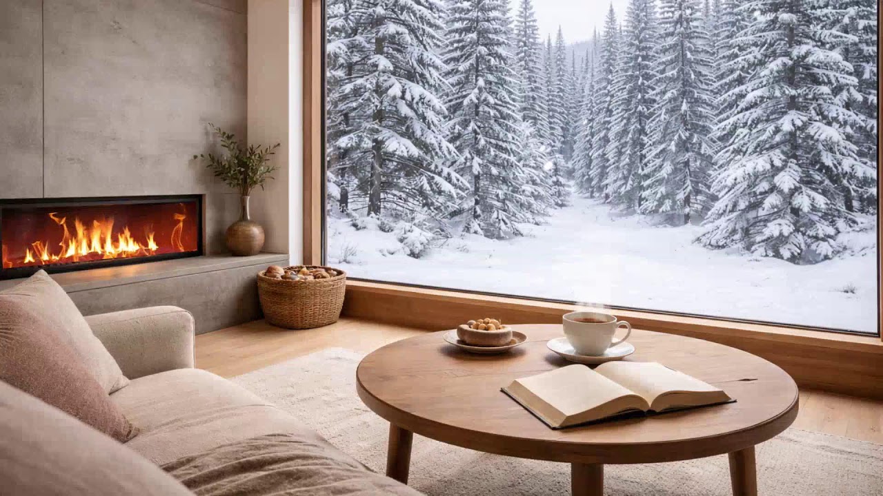 Snow Falling on a Quiet Town  Fireplace Study and Deep Focus Indoors