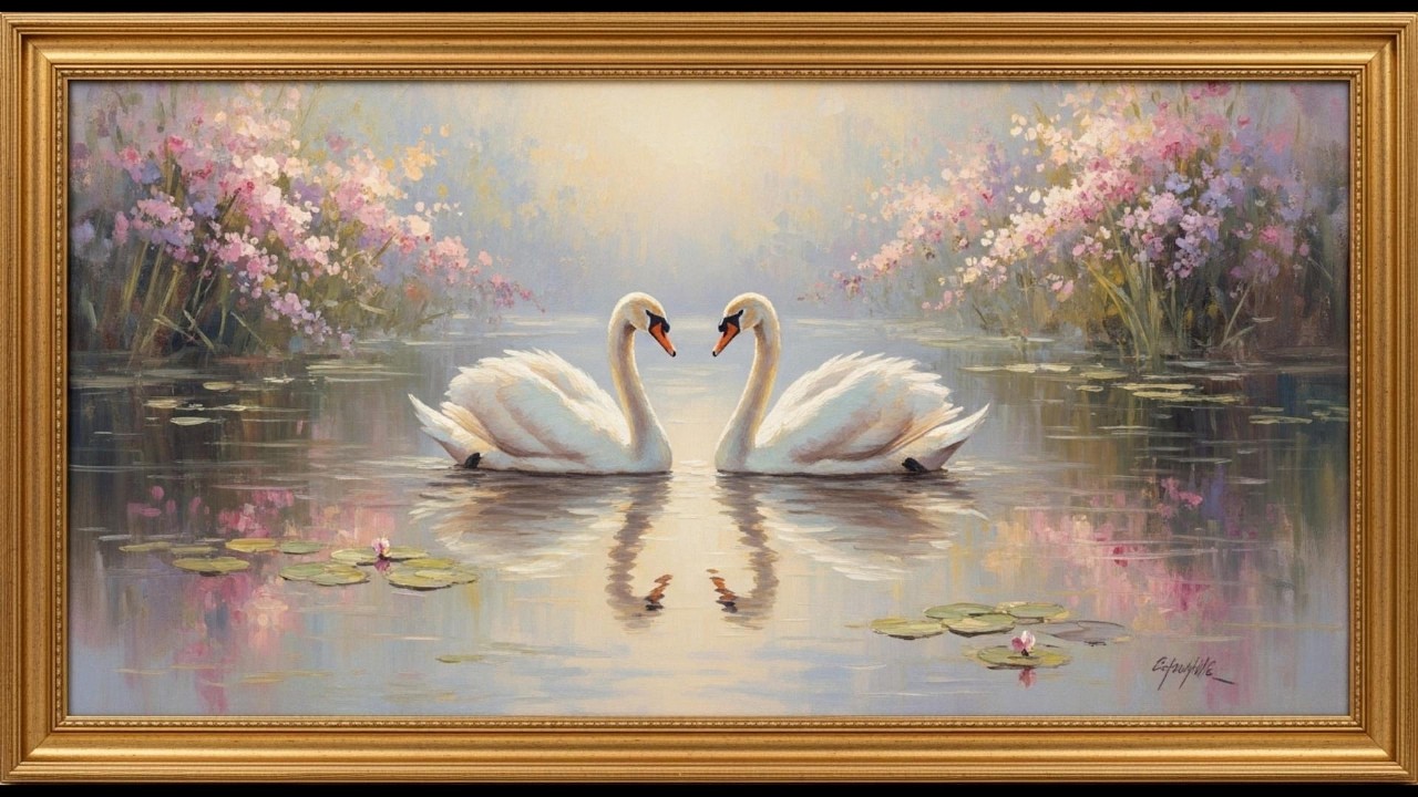 Swan Lake Painting in Gold Frame 🦢 Elegant TV Art for Living Room | 2 Hours