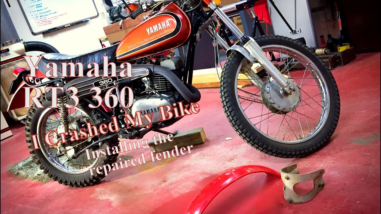 Yamaha RT3 360 Enduro Motorcycle; Installing the original (1974) Preston Petty fender after repair.