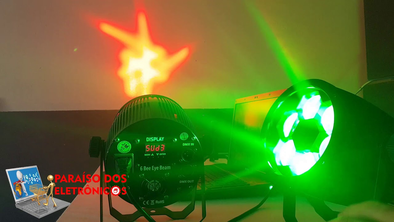 Canhão jogo de luz Projetor Beam Bee Eye 6 Leds  Rgbw Efeitos Rotativos como usa e configura LK-116