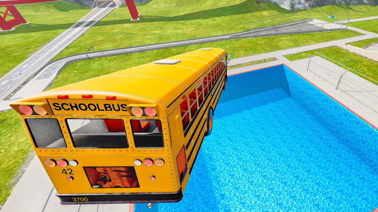 School Bus Down In Swimming Pools – BeamNG Drive BMG Extreme Bus Crash Compilation
