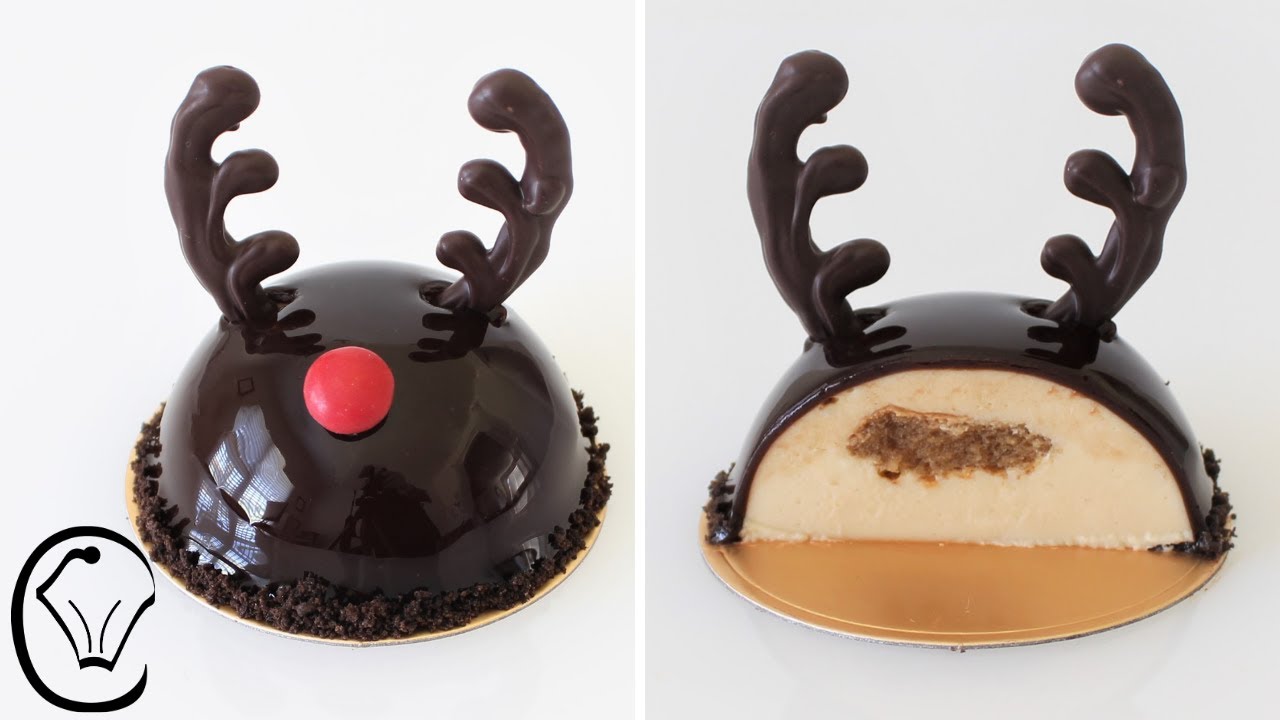 Rudolph Coffee Dome Entremet с блестящей шоколадной зеркальной глазурью Рождественский десерт