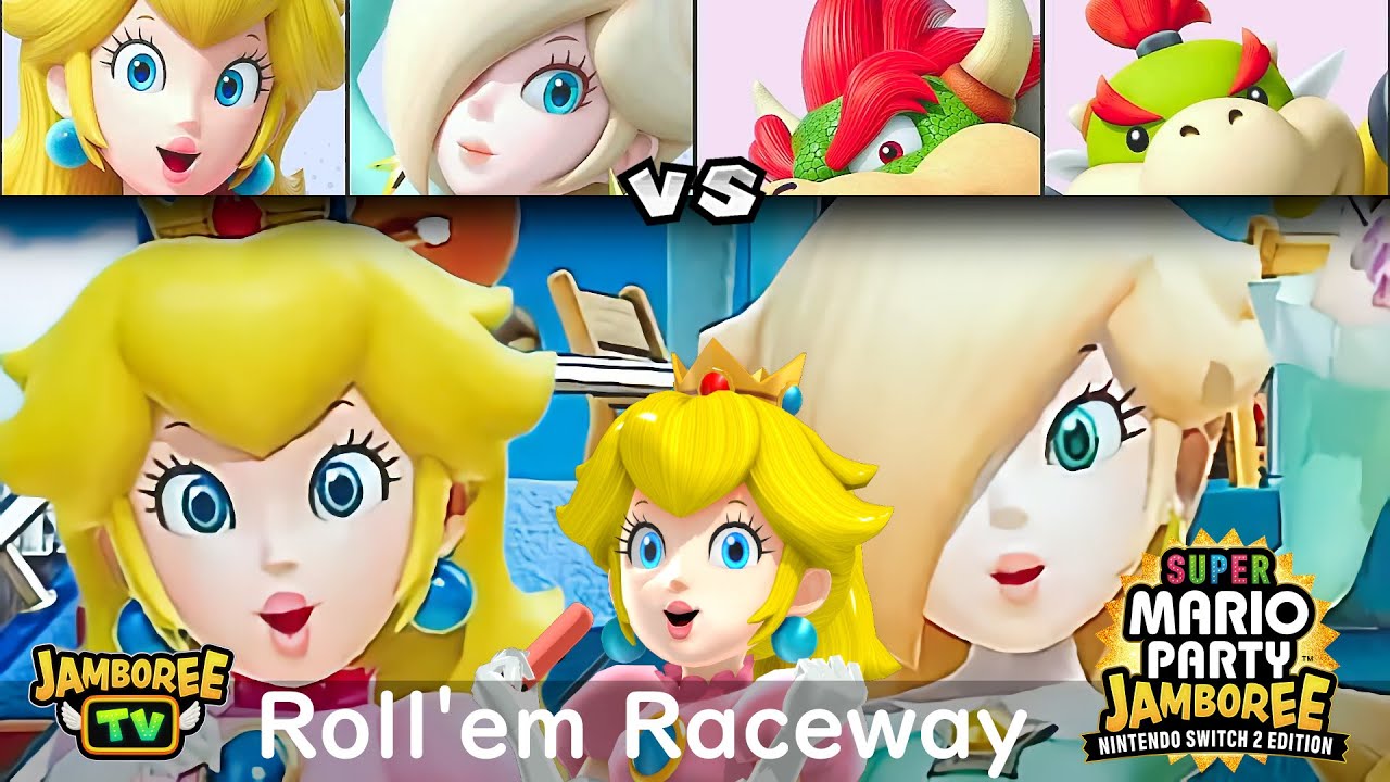 Super Mario Party Jamboree TV Peach and Rosalina vs Bowser and Bowser Jr in Roll'em Raceway