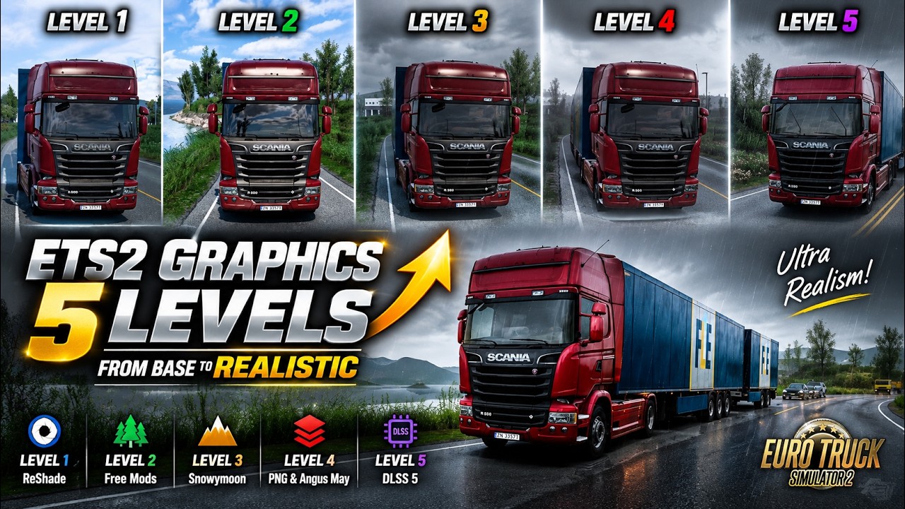 ETS2 Realistic Graphics 2026 | 5 Levels: ReShade, Snowymoon & DLSS 5