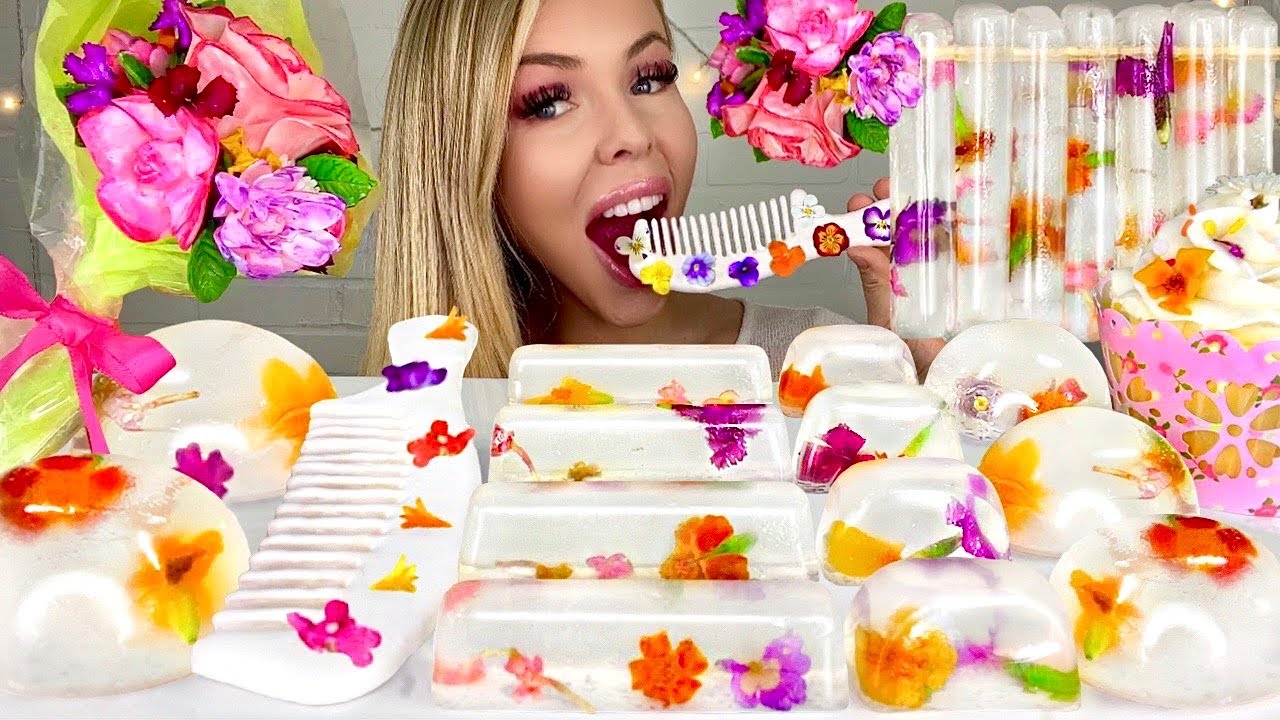 ASMR EDIBLE FLOWERS, RAINDROP CAKE, EDIBLE FLOWER BOUQUET MUKBANG 먹방 HUNNIBEE ASMR 꿀벌