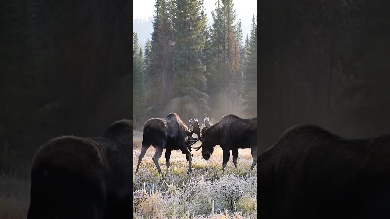 Two massive bull moose locked in combat