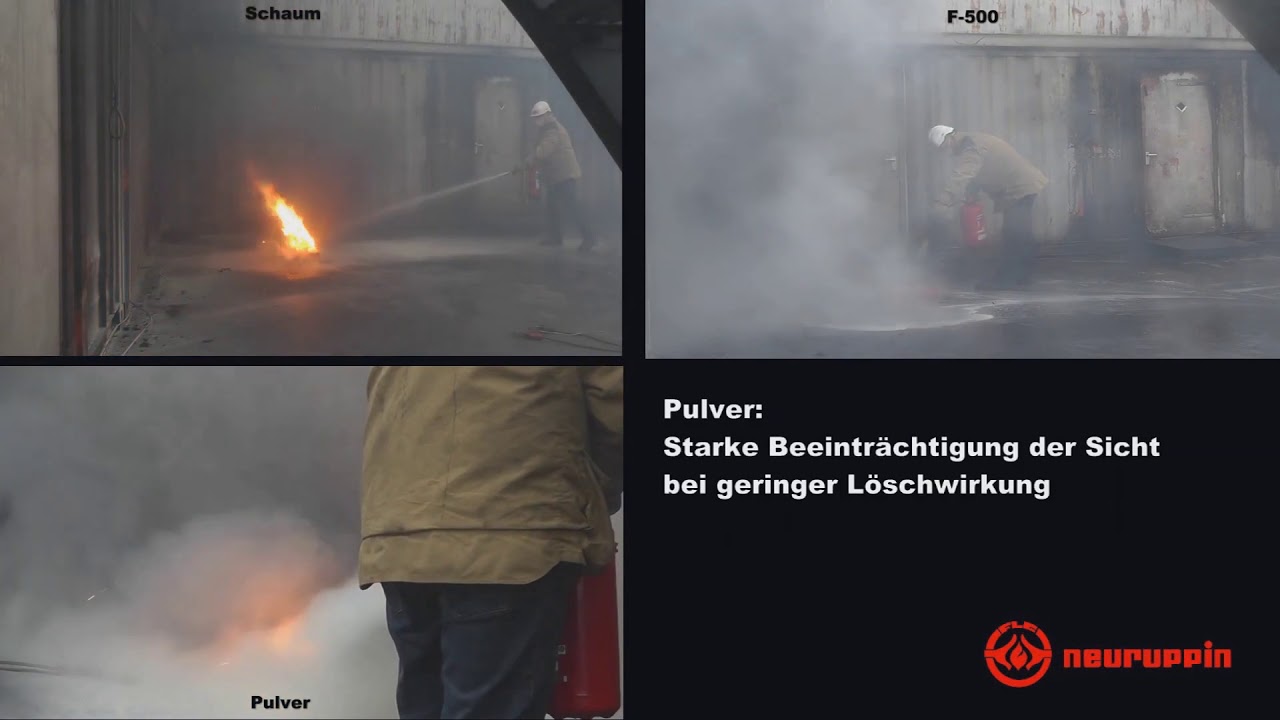 Löschen von Lithium-Ionen Akkus mit dem neuen F-500 Feuerlöscher im Vergleich zu Pulver und Schaum