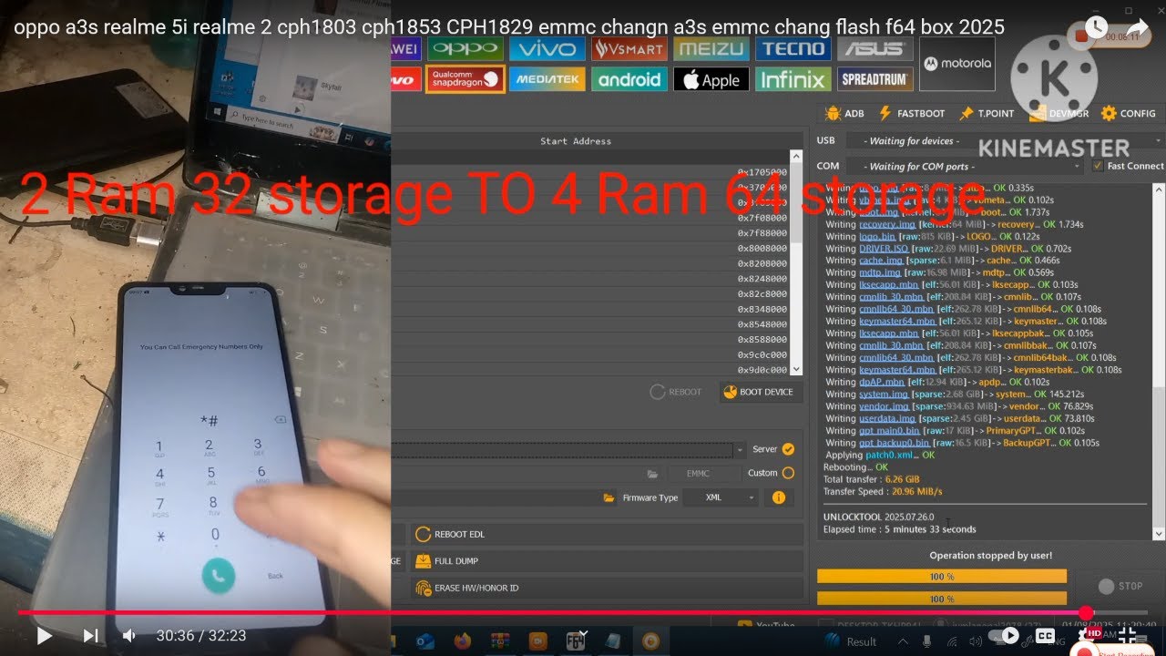 oppo a3s realme 5i realme 2 cph1803 cph1853 CPH1829 emmc changn a3s emmc chang  flash f64 box 2025