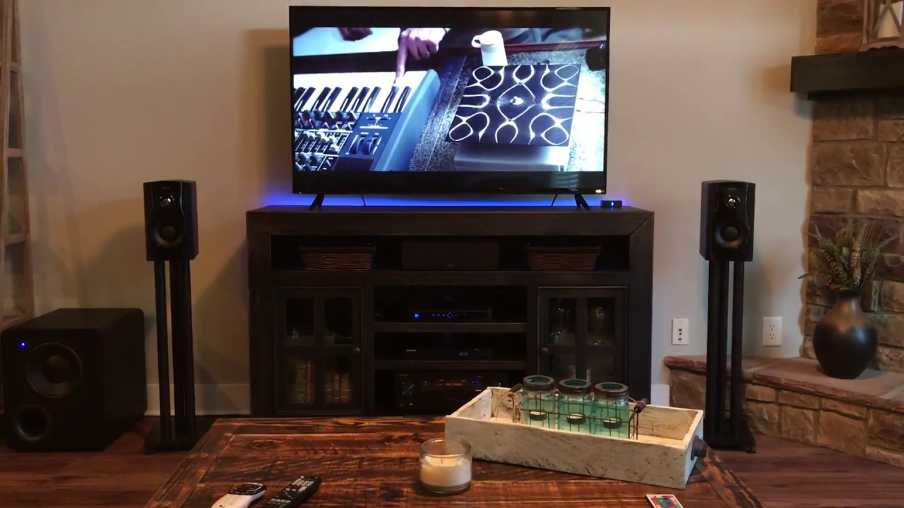 Definitive Technology Studio Monitor 45 speakers with SVS PB1000 subs playing 