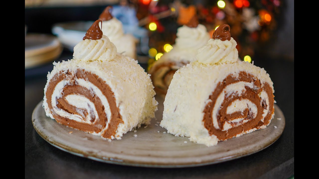 Bûches de Noël à partager chocolat noix de coco, avec biscuit japonais qui ne casse pas et Nutella®