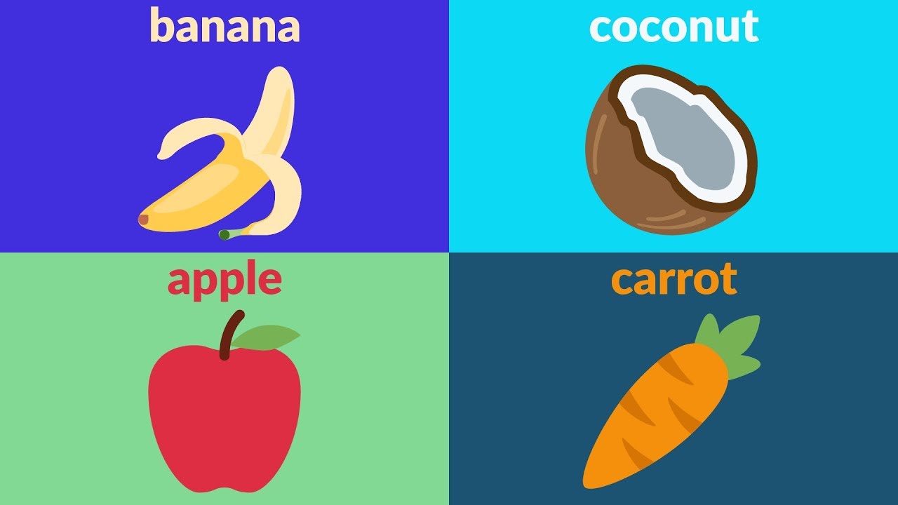 LEARN FRUITS AND VEGETABLES WITH EMOJIS - English Vocabulary for Kids, Kindergarten, Children