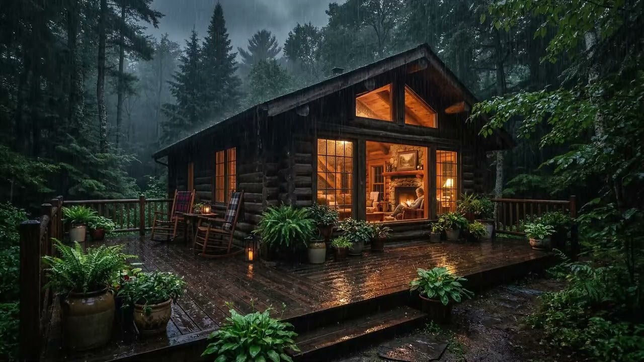 Gentle Rain in Cozy Pine Forest Cabin 🌧️ Warm Lamp Glow & Books for Deep Sleep and Relaxing Nights