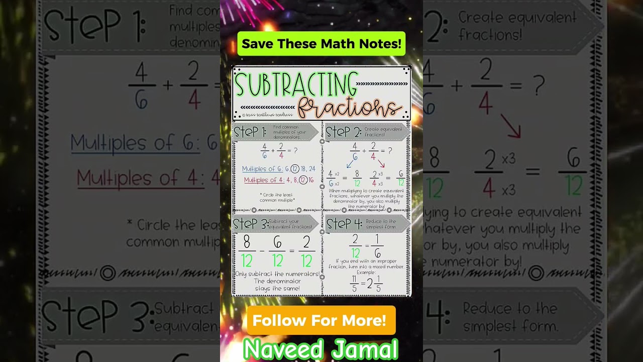 How to Subtract Fractions Math #mathnotes #mathematics #mathtricks #MathTricksTutorial #maths