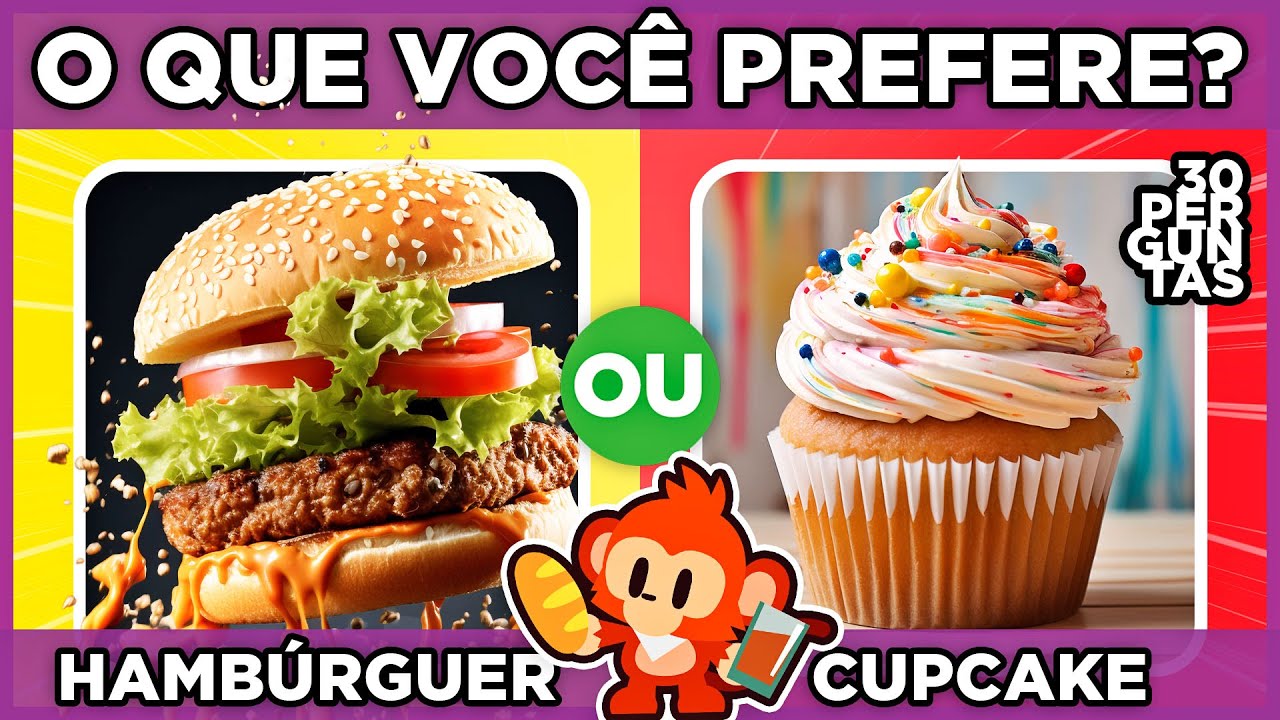 🔄 O QUE VOC&Ecirc; PREFERE? 🍔 HAMB&Uacute;RGUER OU 🧁 CUPCAKE? jogo das escolhas | Ed. Comidas #quiz #macaquiz
