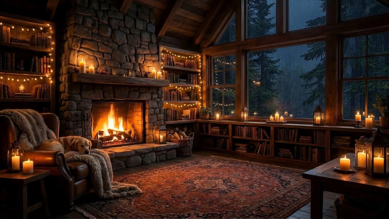Cozy Forest Cabin Fireplace | Rain Ambience & Warm Lighting for Peaceful Nights