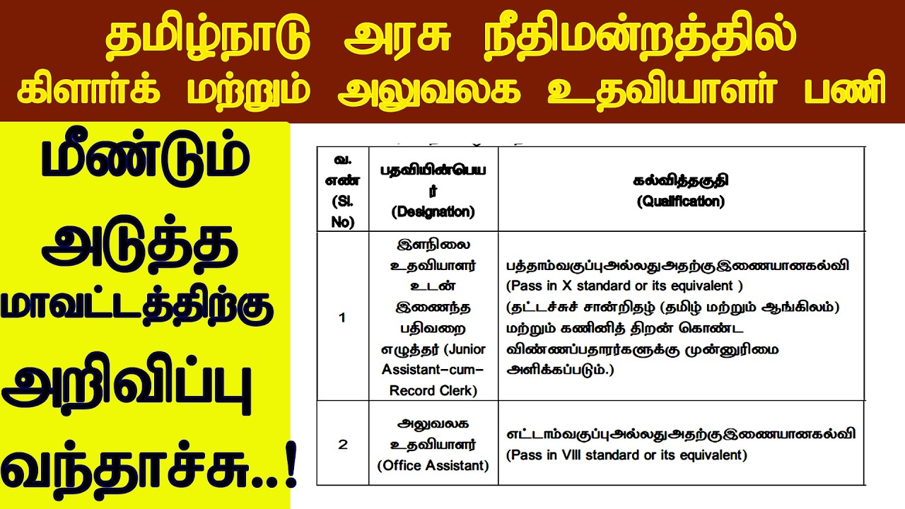 Tamil Nadu Government Court Record Clerk, Office Assistant, and Record and Bench Clerk Job Vacancies