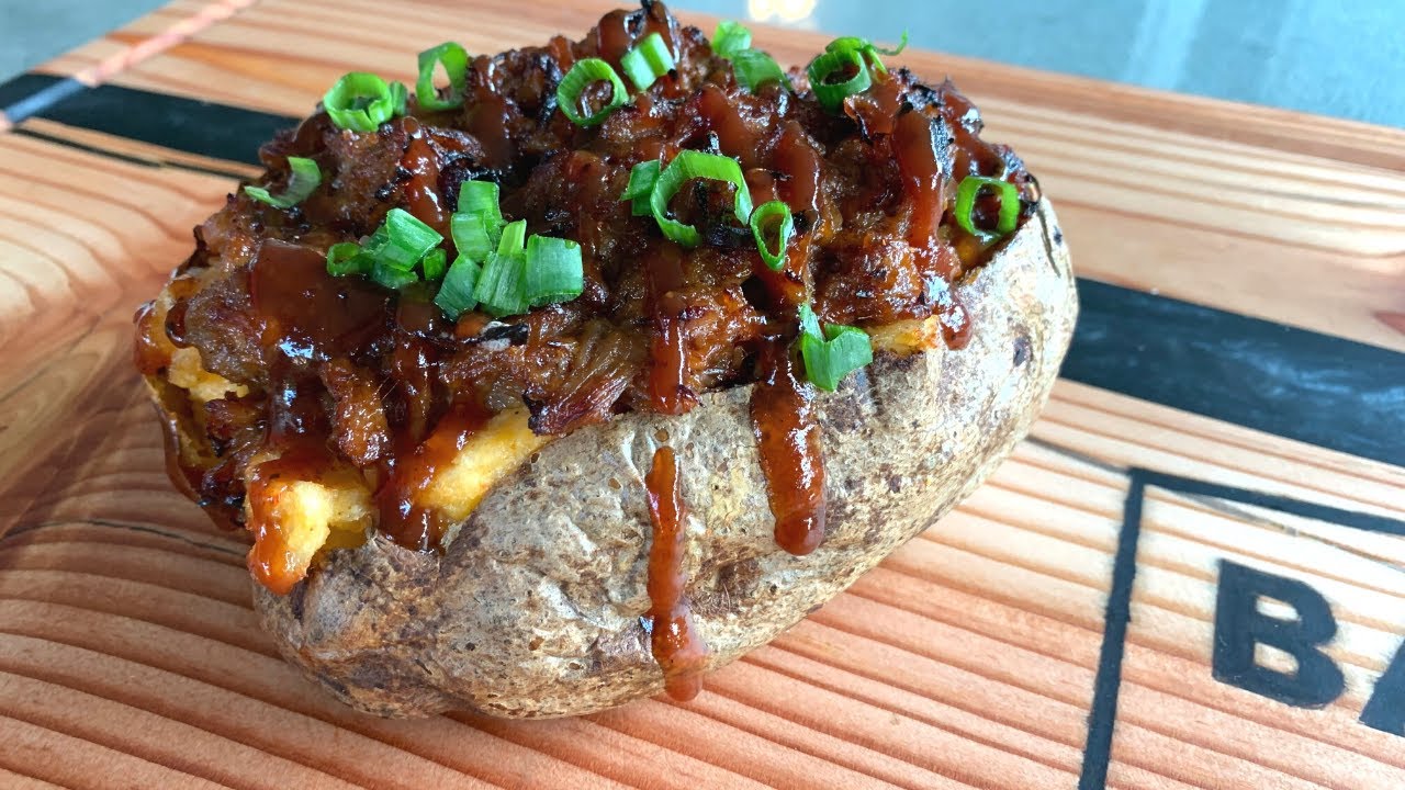 Loaded BBQ Pulled Pork Air Fryer Baked Potatoes