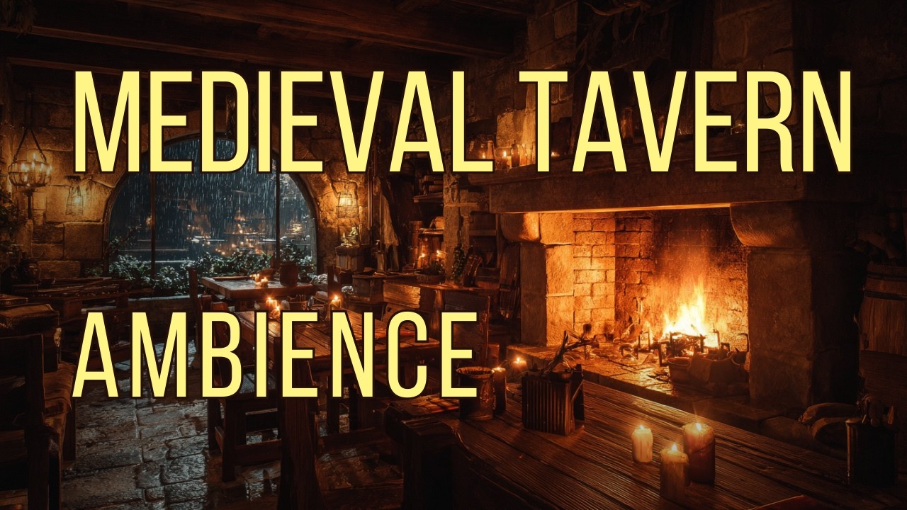 Medieval Tavern Ambience at Night | Fireplace, Rain & Lute Music | Fantasy Inn for Sleep&Relaxation