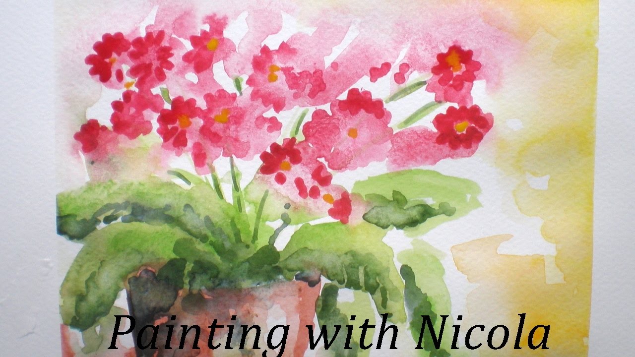 You can paint these 'Red Primulas in a Pot' in watercolours in 20 minutes